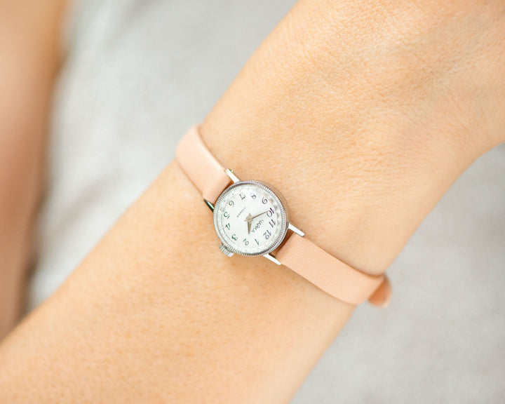 Delicate women micro watch silver shade Seagull, classic girl watch unused, vintage tiny watch minimalist gift premium nude leather band new