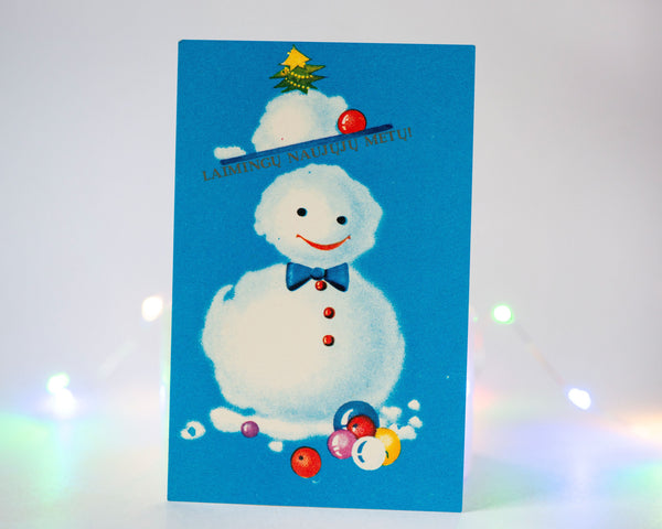 Abstract New Year's postcard Snowman, vintage Holiday Xmas postcard snow sculpture glass balls, winter postcard blank Lithuanian greetings