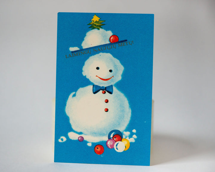 Abstract New Year's postcard Snowman, vintage Holiday Xmas postcard snow sculpture glass balls, winter postcard blank Lithuanian greetings