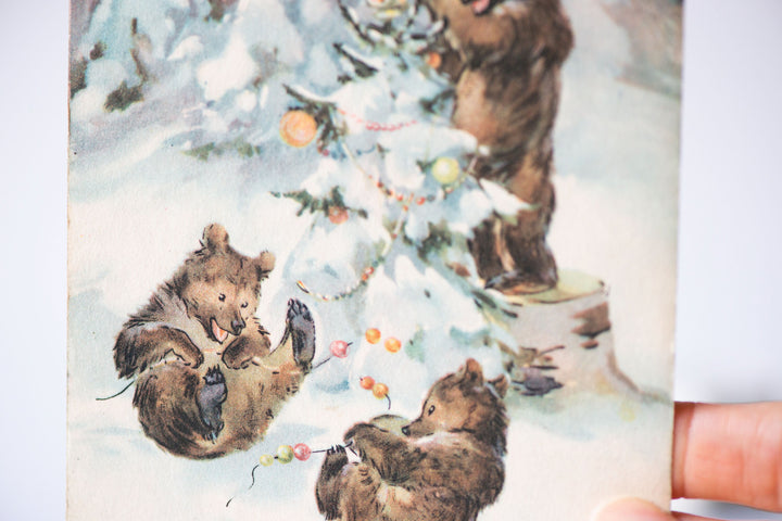 Russian New Year's postcard blank 1956, Bear playing in the forest Christmas tree in nature, Russian kids greetings postcard Holiday gift