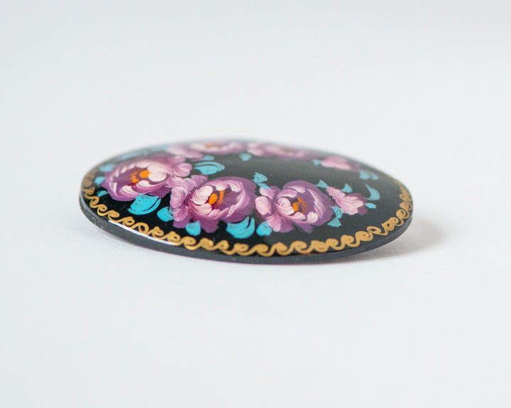 Vintage brooch Russian folk floral. Lacquer brooch hand painted, flowers wooden black brooch, peony blossom brooch oval, brooch bouquet gift