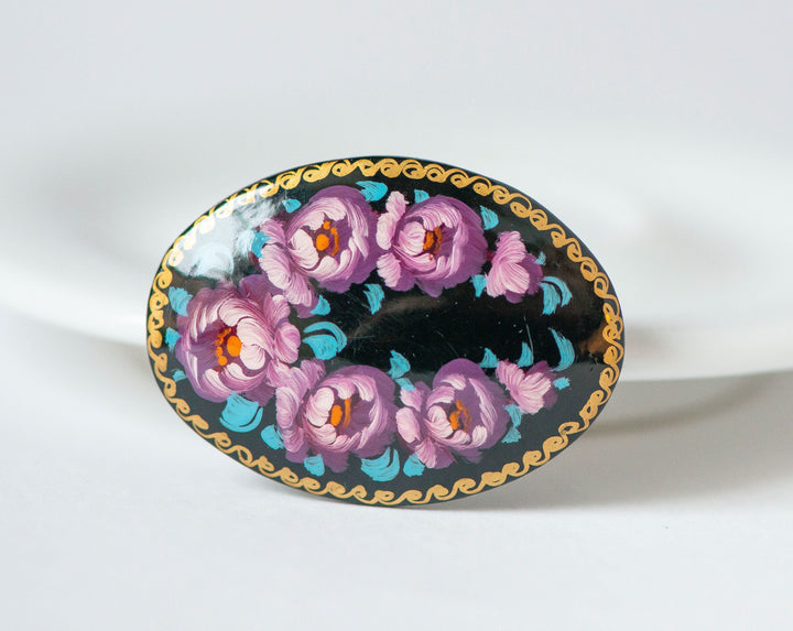 Vintage brooch Russian folk floral. Lacquer brooch hand painted, flowers wooden black brooch, peony blossom brooch oval, brooch bouquet gift