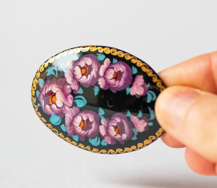 Vintage brooch Russian folk floral. Lacquer brooch hand painted, flowers wooden black brooch, peony blossom brooch oval, brooch bouquet gift