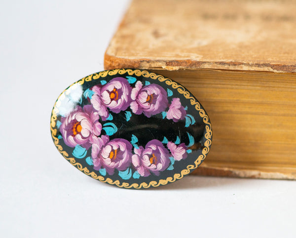 Vintage brooch Russian folk floral. Lacquer brooch hand painted, flowers wooden black brooch, peony blossom brooch oval, brooch bouquet gift