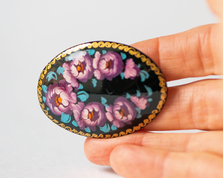 Vintage brooch Russian folk floral. Lacquer brooch hand painted, flowers wooden black brooch, peony blossom brooch oval, brooch bouquet gift