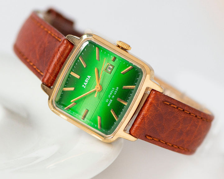 Green Women's watch unused Dawn vintage, square watch for women gold plated, women's watch classic jewelry gift, new premium leather strap