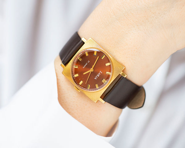 Watch for women burgundy dial square Dawn, vintage gold plated tomboy watch gift, sunburst case oversized lady watch new luxury leather band