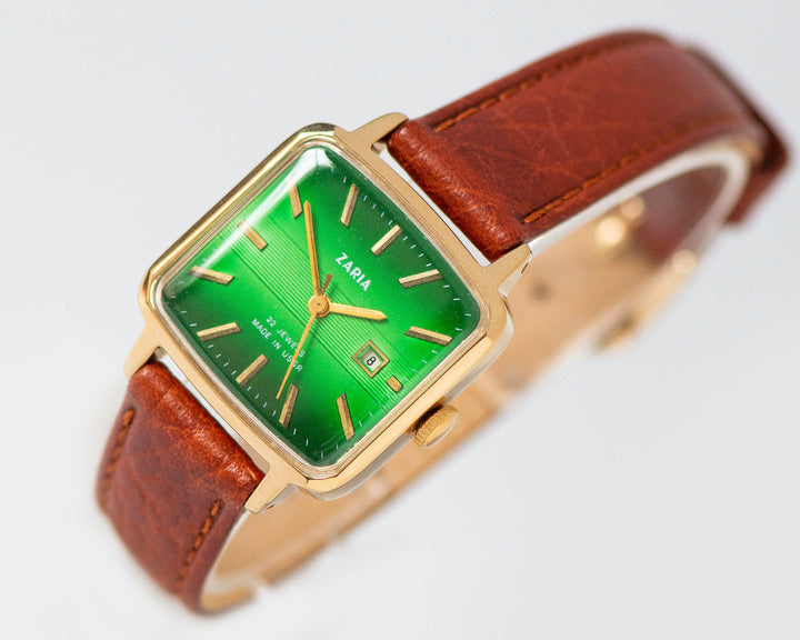 Green Women's watch unused Dawn vintage, square watch for women gold plated, women's watch classic jewelry gift, new premium leather strap