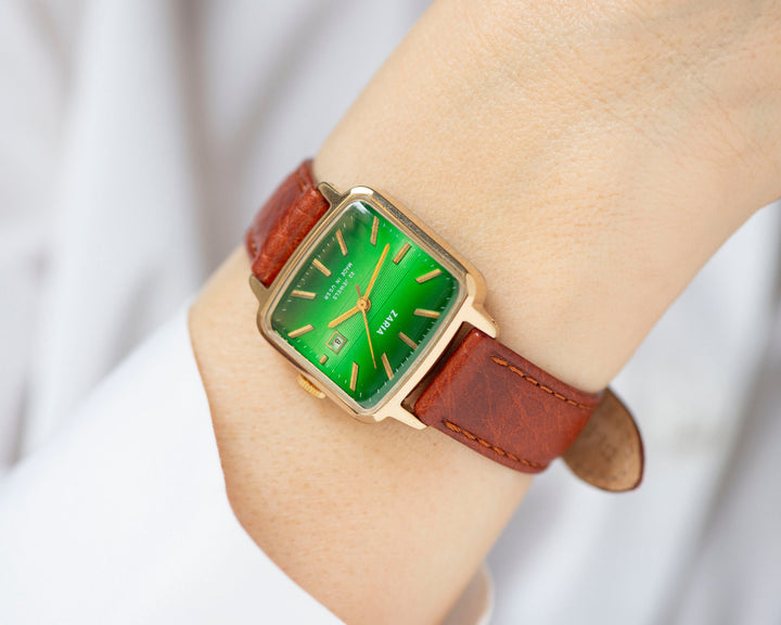 Green Women's watch unused Dawn vintage, square watch for women gold plated, women's watch classic jewelry gift, new premium leather strap