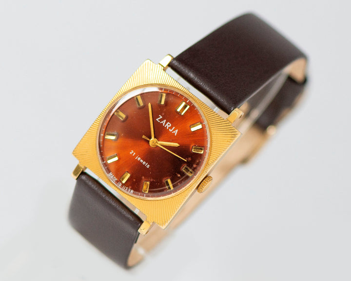 Watch for women burgundy dial square Dawn, vintage gold plated tomboy watch gift, sunburst case oversized lady watch new luxury leather band