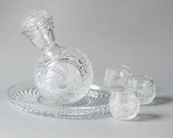 Vintage Ball shape Decanter set cut cane buzz patterns crystal, Drink ware Crystal Decanter Lean 3 glasses 1 tray Barware Crystal Glass