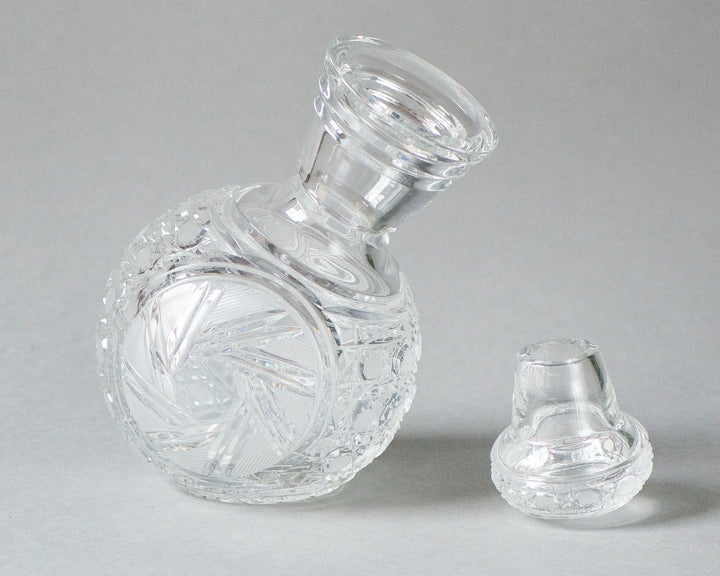 Vintage Ball shape Decanter set cut cane buzz patterns crystal, Drink ware Crystal Decanter Lean 3 glasses 1 tray Barware Crystal Glass