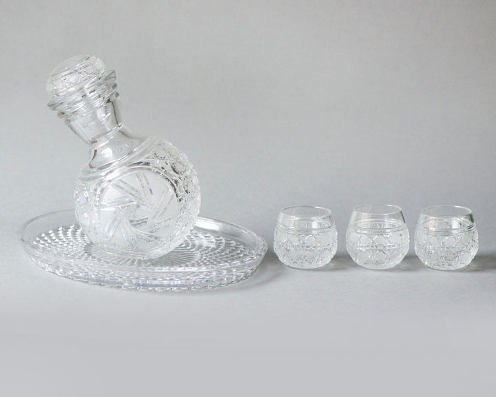 Vintage Ball shape Decanter set cut cane buzz patterns crystal, Drink ware Crystal Decanter Lean 3 glasses 1 tray Barware Crystal Glass