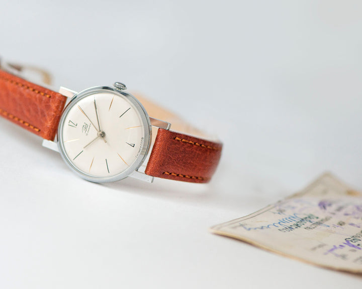 Minimalist women watch unused Dawn, silver shade classic watch for women vintage gift, unique lady watch delicate, new genuine leather strap