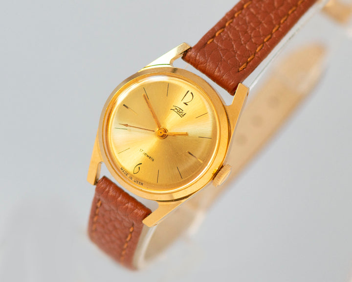 Unused gilded women watch Dawn vintage, minimalist women watch classic vintage gift, Arabic numerals watch women, new genuine leather strap