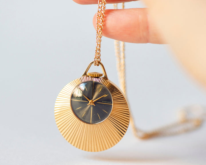 Women watch pendant necklace gold plated Glory, sunburst case black dial pendant watch 70s, mint condition lady neck accessory round gift