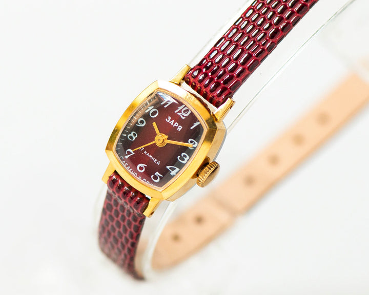 Women's watch burgundy gold plated vintage Dawn, unused micro wristwatch for women rectangular, lady watch gift, new genuine leather strap