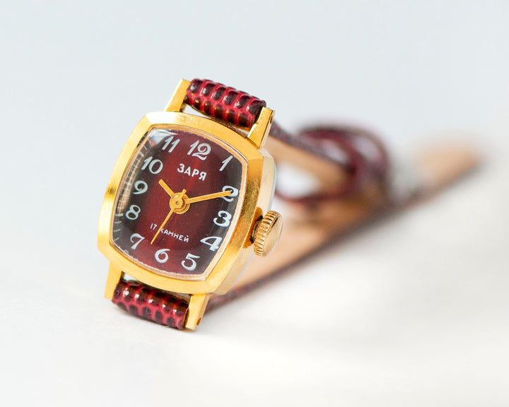 Women's watch burgundy gold plated vintage Dawn, unused micro wristwatch for women rectangular, lady watch gift, new genuine leather strap