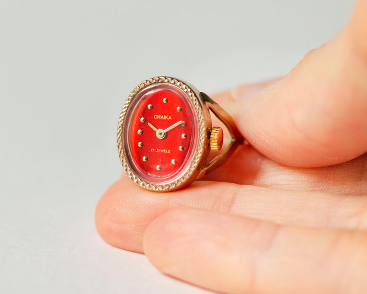 Red women watch ring vintage oval Seagull, delicate jewelry gold shade case tiny ring lady gift, lady watch ring chunky oval approx size N