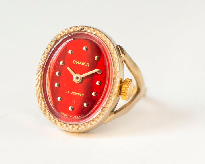 Red women watch ring vintage oval Seagull, delicate jewelry gold shade case tiny ring lady gift, lady watch ring chunky oval approx size N