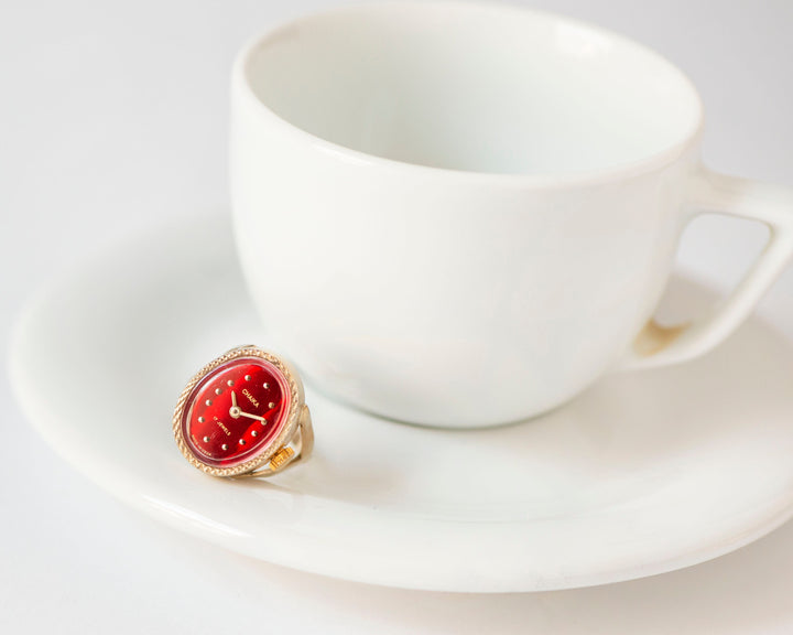 Red women watch ring vintage oval Seagull, delicate jewelry gold shade case tiny ring lady gift, lady watch ring chunky oval approx size N