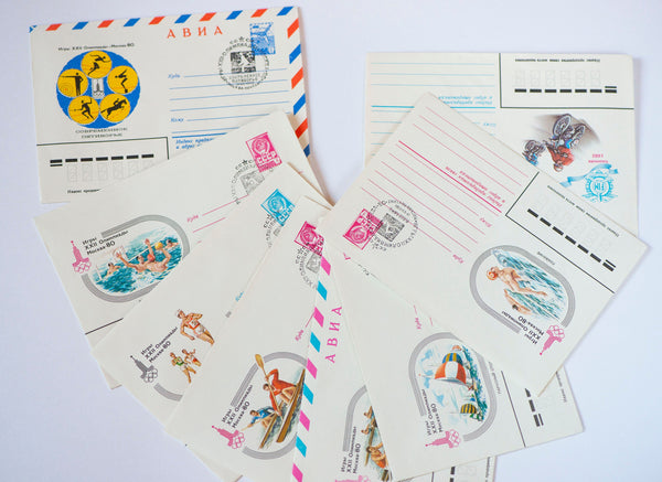 1980 Summer Olympics Moscow envelopes, Commemorative envelopes vintage, set 8 mail envelopes with stamps, unused stationery gift sport lover