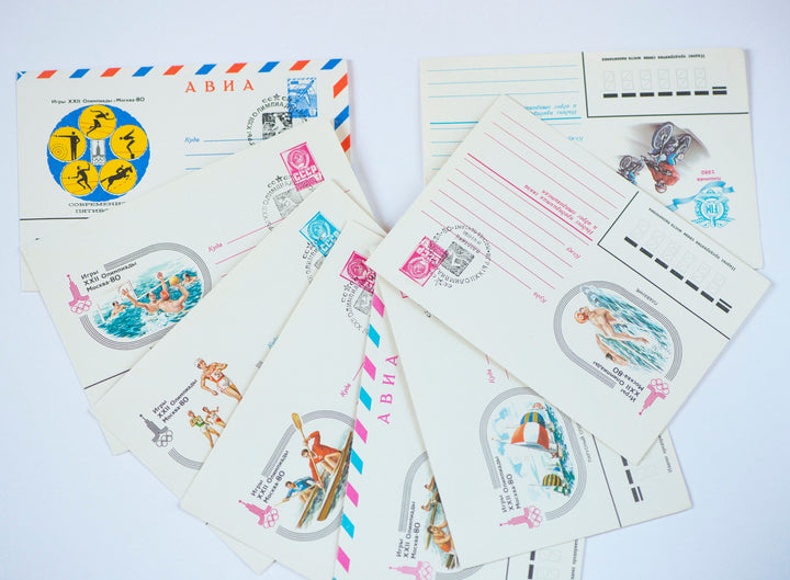 1980 Summer Olympics Moscow envelopes, Commemorative envelopes vintage, set 8 mail envelopes with stamps, unused stationery gift sport lover