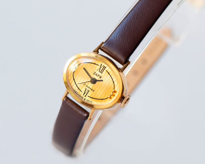 Yellow women watch oval Dawn, vintage unused gold plated lady watch, stripes dial girl watch accessory jewelry gift new genuine leather band