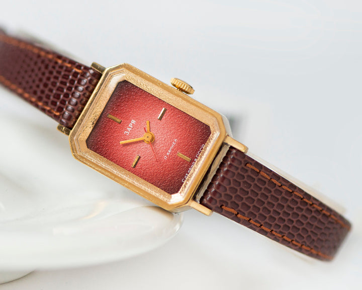 Unused modern watch for women Dawn vintage, gold plated tank lady watch burgundy dial, minimalist women watch rare, new premium leather band