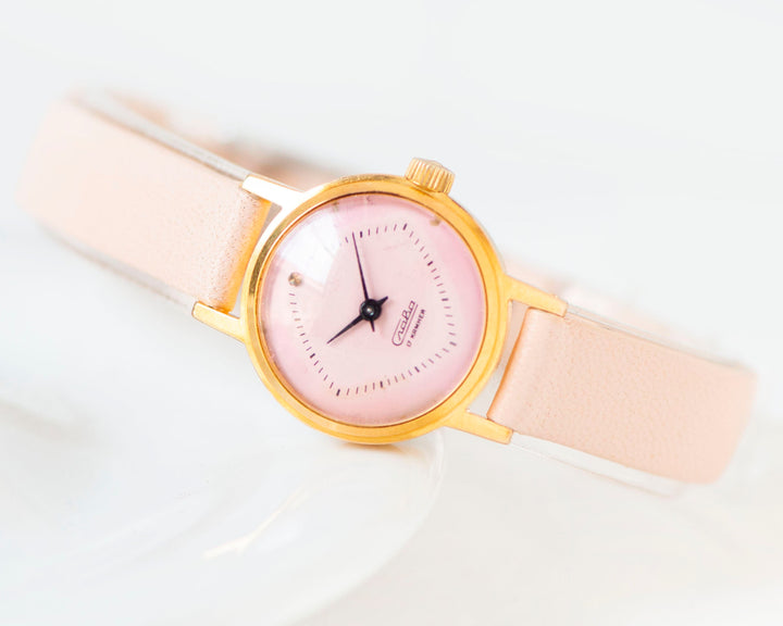 Soft pink women watch gold plated Glory vintage classic, dainty lady watch accessory gift, minimalist girl watch new premium leather strap