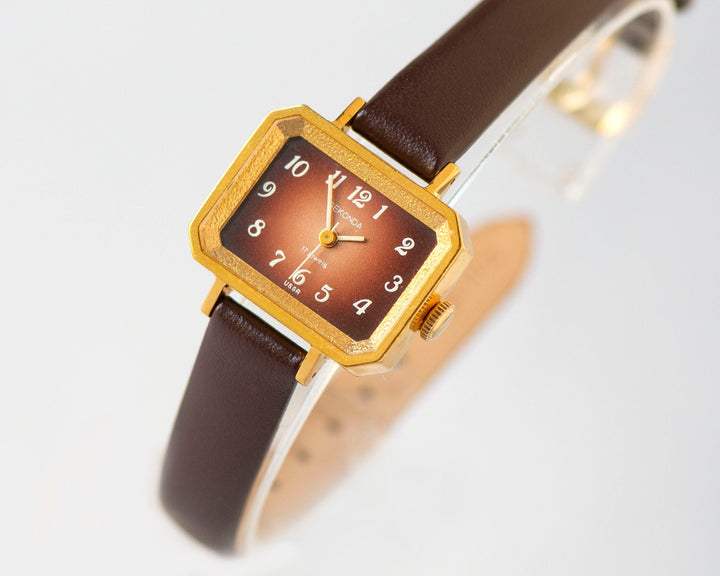 Modern watch for women Sekonda new old stock, gold plated tank watch for lady brown dial, Arabic numerals watch, new genuine leather strap