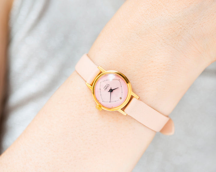 Soft pink women watch gold plated Glory vintage classic, dainty lady watch accessory gift, minimalist girl watch new premium leather strap