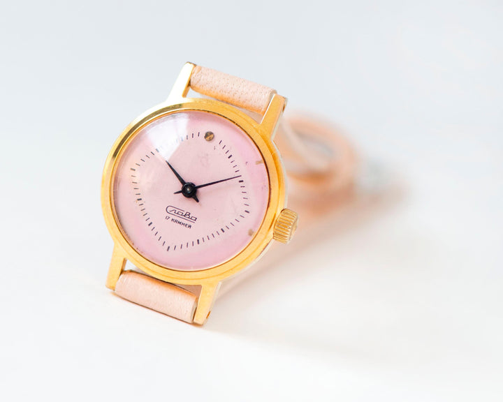 Soft pink women watch gold plated Glory vintage classic, dainty lady watch accessory gift, minimalist girl watch new premium leather strap