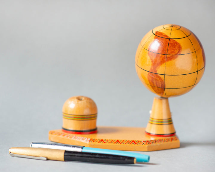 Vintage ink pens stand wooden Globe, set 2 pens on handmade tray, desk pen holder fountain pen, fun office desk decor back to school dorm