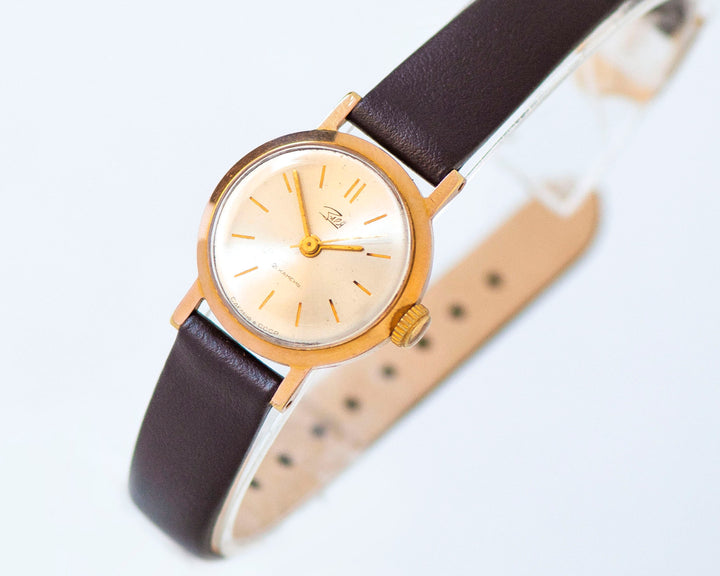 Classic women watch vintage Dawn, simple lady wristwatch gold plated, minimalist women's watch retro gift, new premium leather strap