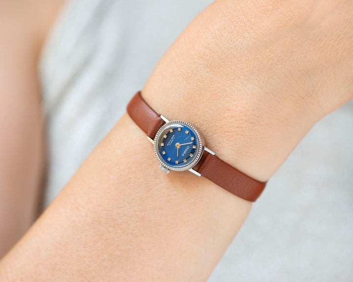 Navy blue women watch Seagull silver shade vintage, lady watch delicate jewelry gift, classic watch rare dial, new premium leather strap