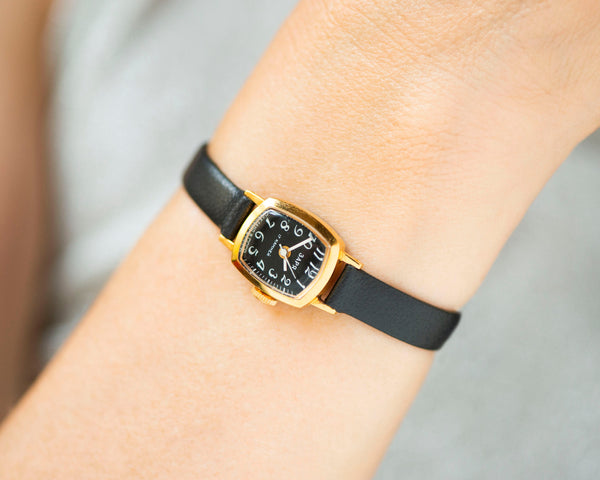 Unused women watch black dial small wrist, vintage Dawn watch square gold plated lady jewelry minimalist gift, new premium leather strap