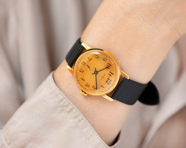 New old stock unisex watch Pobeda gold plated, yellow dial watch minimalist, vintage watch Arabic numerals gift, new premium leather strap