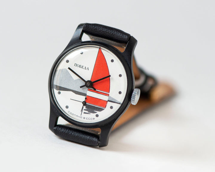 Sailing ship wristwatch Pobeda \ Victory for women teen vintage, unused black red watch unisex, 80s fashion watch, new genuine leather band