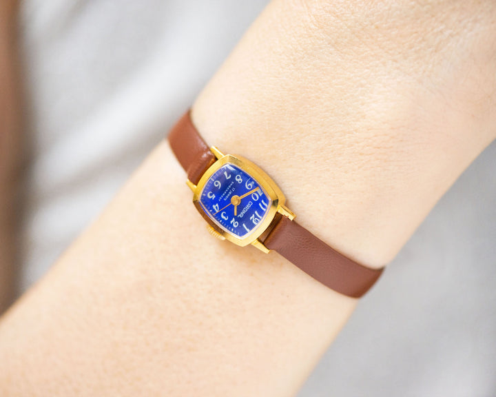 Gold plated unused women watch blue Cardinal vintage, micro watch rectangular minimalist, shockproof watch gift, new premium leather strap