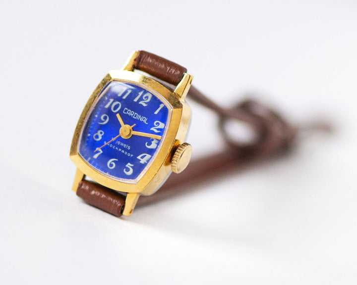 Gold plated unused women watch blue Cardinal vintage, micro watch rectangular minimalist, shockproof watch gift, new premium leather strap