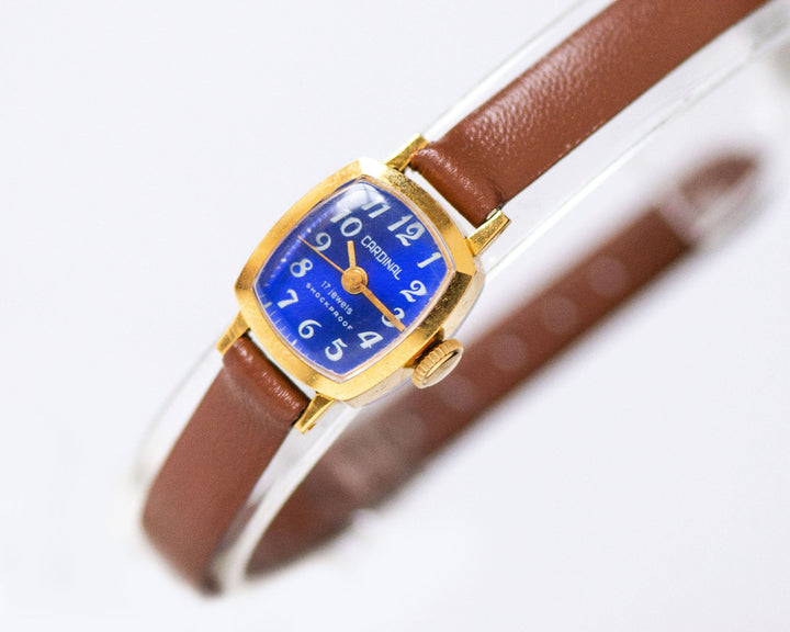 Gold plated unused women watch blue Cardinal vintage, micro watch rectangular minimalist, shockproof watch gift, new premium leather strap