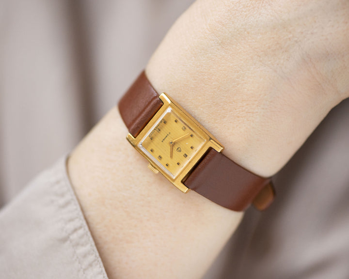 Square women watch geometric minimalism Dawn, vintage gold plated timepiece, women's wrist accessory tiny watch unique gift, leather strap