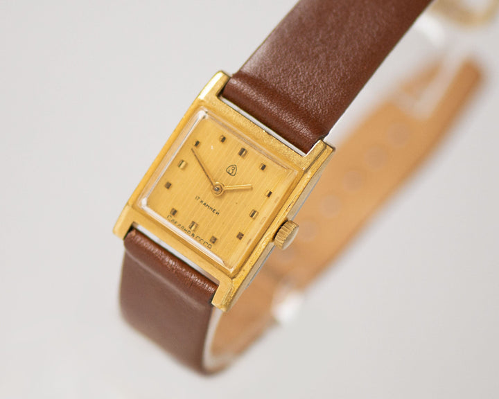 Square women watch geometric minimalism Dawn, vintage gold plated timepiece, women's wrist accessory tiny watch unique gift, leather strap