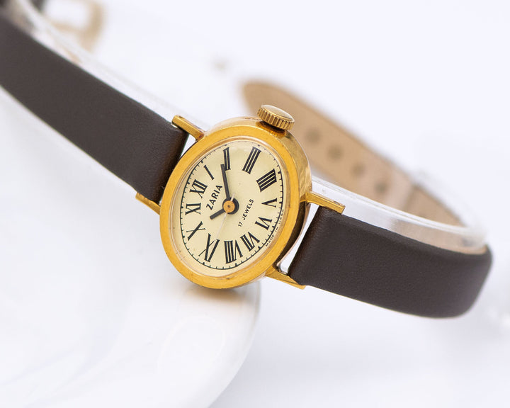 Oval women wristwatch Roman numerals dial vintage Dawn, classic women watch gold plated jewelry Christmas gift her, new genuine leather band