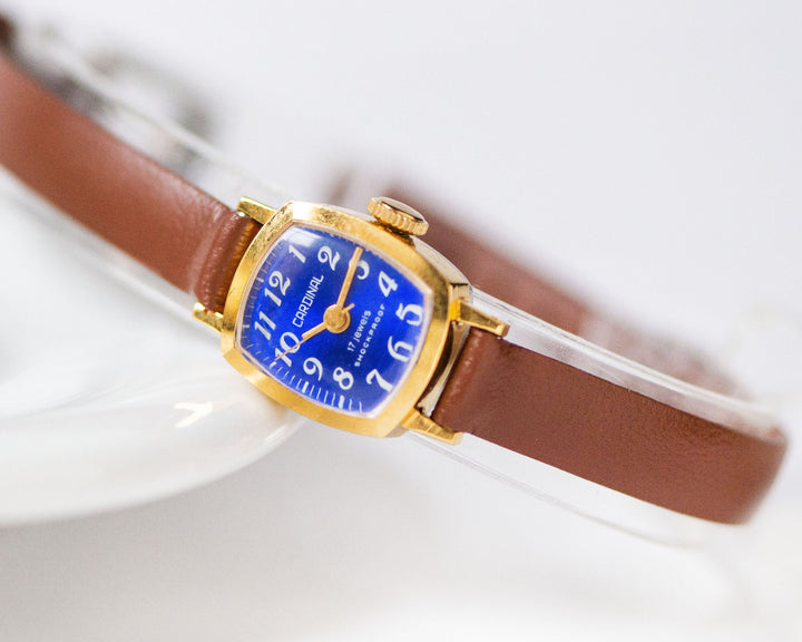 Gold plated unused women watch blue Cardinal vintage, micro watch rectangular minimalist, shockproof watch gift, new premium leather strap