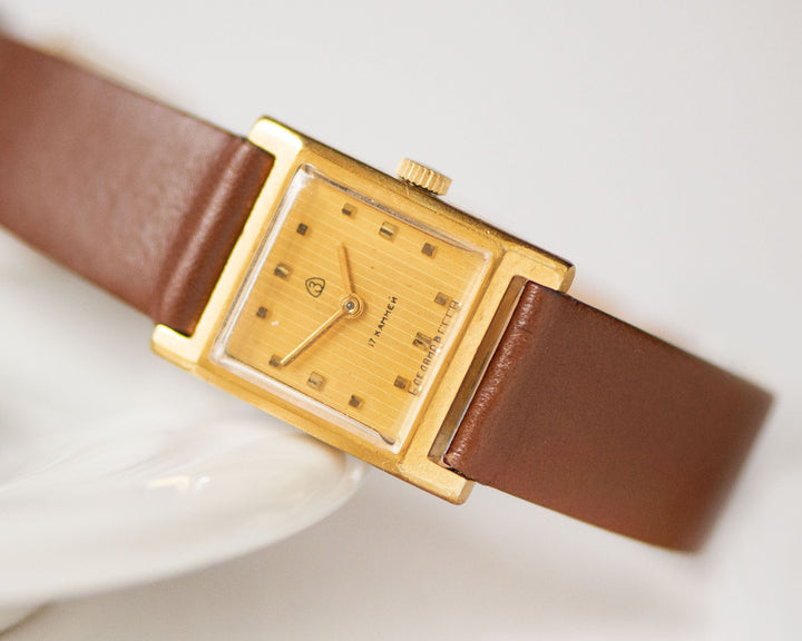 Square women watch geometric minimalism Dawn, vintage gold plated timepiece, women's wrist accessory tiny watch unique gift, leather strap