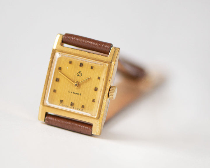 Square women watch geometric minimalism Dawn, vintage gold plated timepiece, women's wrist accessory tiny watch unique gift, leather strap