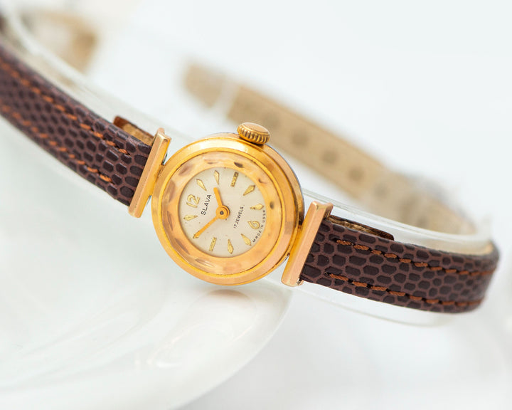 Unique woman watch gold plated Glory, delicate lady watch vintage, American pop art inspired woman watch jewelry, new premium leather strap