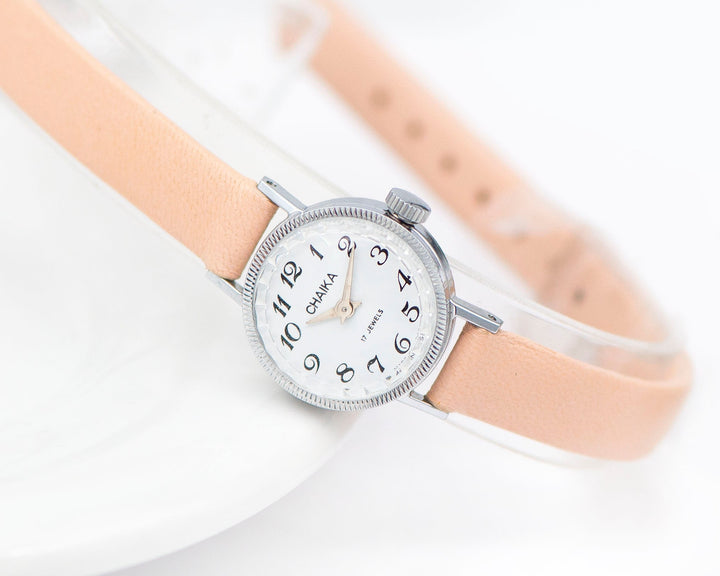 Delicate women micro watch silver shade Seagull, classic girl watch unused, vintage tiny watch minimalist gift premium nude leather band new